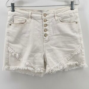 Judy Blue Womens High Waist Button Fly Frayed Hem Denim Shorts Off White Cream L